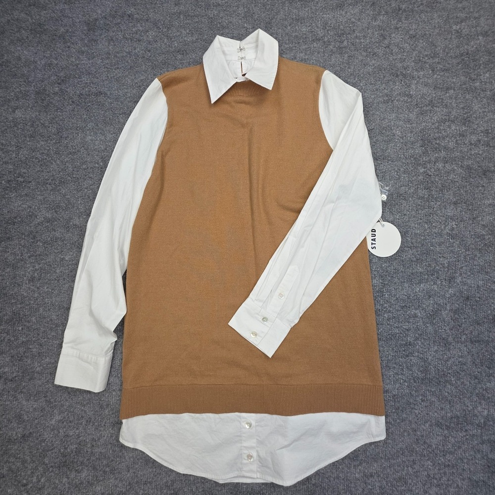 STAUD Fern Dress Collared Women's XS Brown White Long Sleeve Cotton Wool NWT
